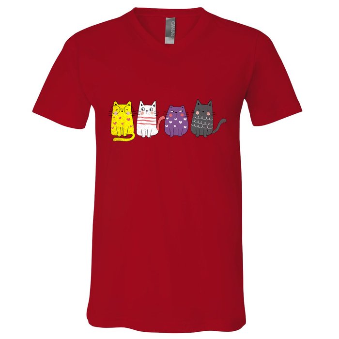 Cute Animal Cat Gift Non Binary Pride Agender Non Binary V-Neck T-Shirt