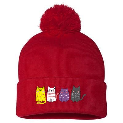 Cute Animal Cat Gift Non Binary Pride Agender Non Binary Pom Pom 12in Knit Beanie