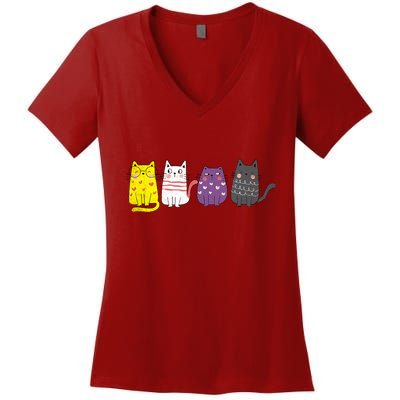 Cute Animal Cat Gift Non Binary Pride Agender Non Binary Women's V-Neck T-Shirt