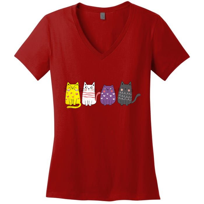 Cute Animal Cat Gift Non Binary Pride Agender Non Binary Women's V-Neck T-Shirt