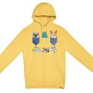 Cats And Corgis In Pockets Funny Kawaii Anime Cat And Dog Lovers Meaningful Gift Premium Pullover Hoodie