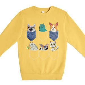 Cats And Corgis In Pockets Funny Kawaii Anime Cat And Dog Lovers Meaningful Gift Premium Crewneck Sweatshirt