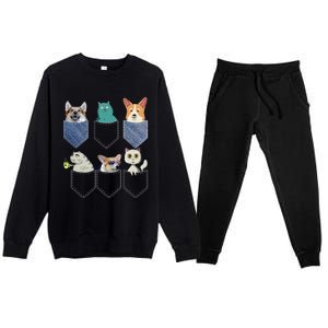 Cats And Corgis In Pockets Funny Kawaii Anime Cat And Dog Lovers Meaningful Gift Premium Crewneck Sweatsuit Set