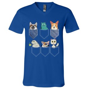 Cats And Corgis In Pockets Funny Kawaii Anime Cat And Dog Lovers Meaningful Gift V-Neck T-Shirt