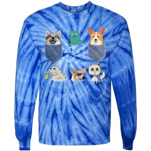 Cats And Corgis In Pockets Funny Kawaii Anime Cat And Dog Lovers Meaningful Gift Tie-Dye Long Sleeve Shirt