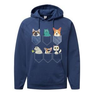 Cats And Corgis In Pockets Funny Kawaii Anime Cat And Dog Lovers Meaningful Gift Performance Fleece Hoodie