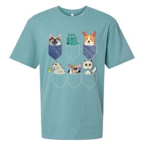 Cats And Corgis In Pockets Funny Kawaii Anime Cat And Dog Lovers Meaningful Gift Sueded Cloud Jersey T-Shirt