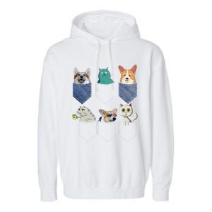 Cats And Corgis In Pockets Funny Kawaii Anime Cat And Dog Lovers Meaningful Gift Garment-Dyed Fleece Hoodie