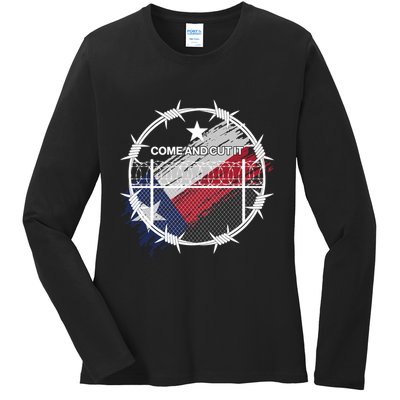 Come And Cut It Barbwire Texas Flag Ladies Long Sleeve Shirt