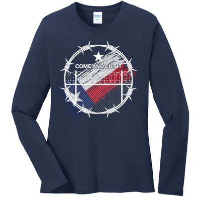 Come And Cut It Barbwire Texas Flag Ladies Long Sleeve Shirt