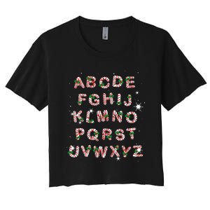 Christmas Alphabet Candy Cane Xmas Holiday Teacher Women's Crop Top Tee