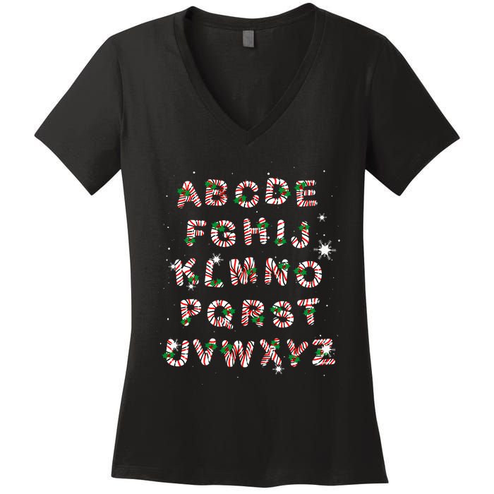 Christmas Alphabet Candy Cane Xmas Holiday Teacher Women's V-Neck T-Shirt