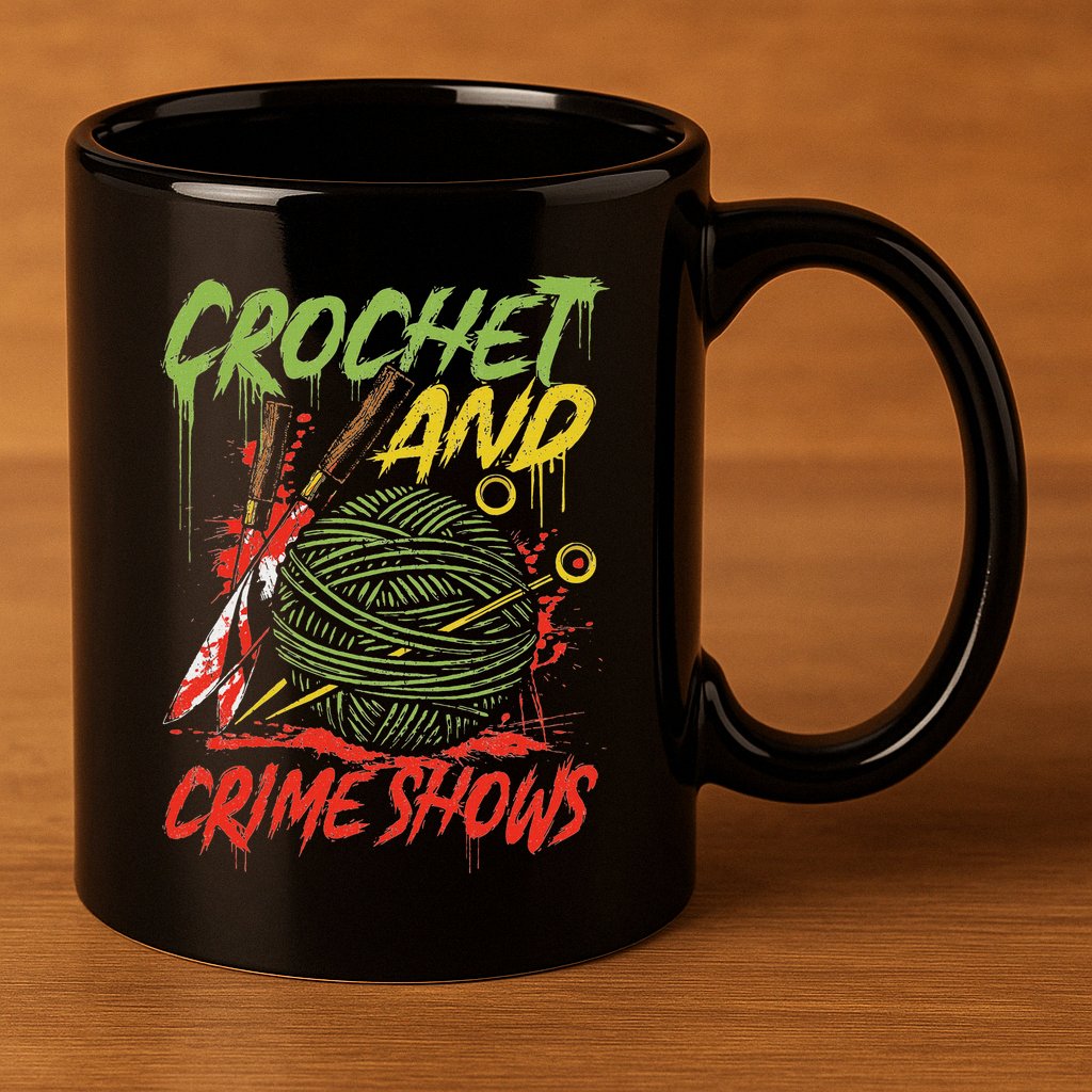 Crochet And Crime Shows Funny Crime Show Lover Knitting 11oz C Handle Ceramic Mug