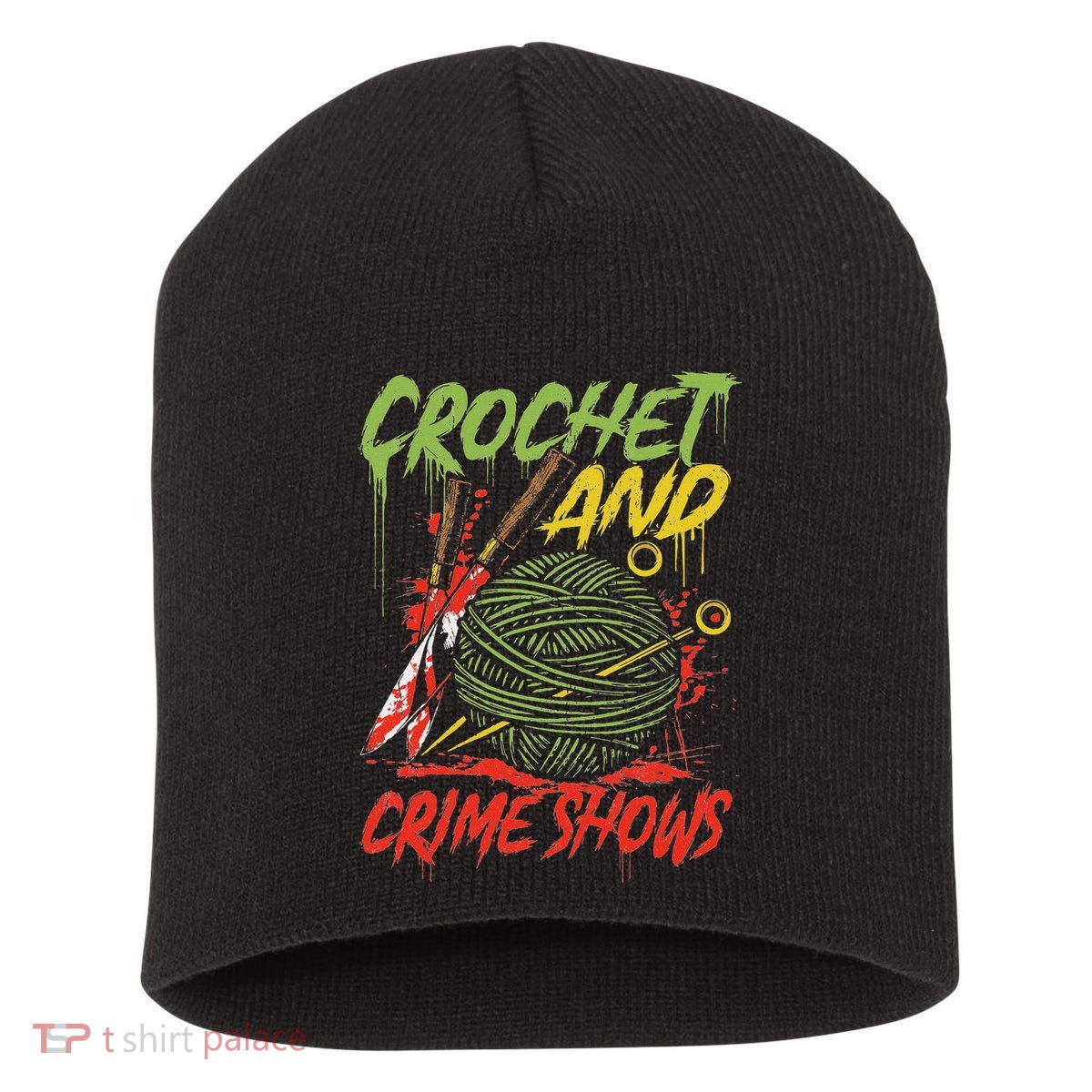 Crochet And Crime Shows Funny Crime Show Lover Knitting Short Acrylic Beanie