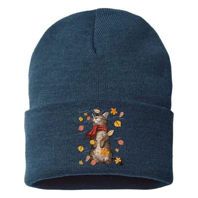 Cute Autumn Cat Fall Breeze Kitten Kitty Cat Lover Sustainable Knit Beanie