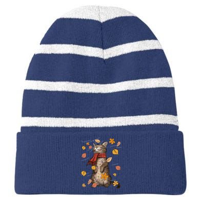 Cute Autumn Cat Fall Breeze Kitten Kitty Cat Lover Striped Beanie with Solid Band