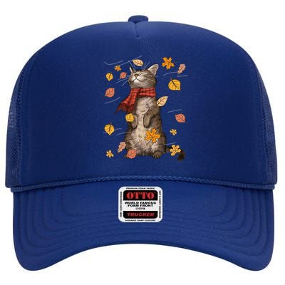 Cute Autumn Cat Fall Breeze Kitten Kitty Cat Lover High Crown Mesh Back Trucker Hat