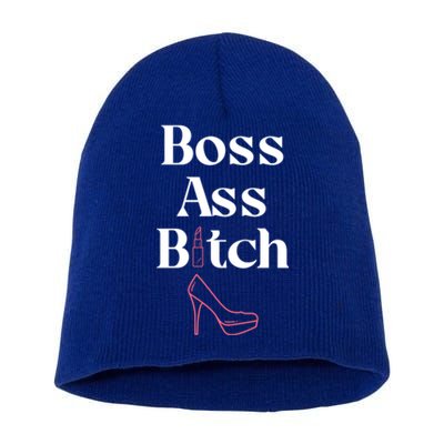 Cool And Chic Boss Ass Bitch Pink Lipstick Stilettos Gift Short Acrylic Beanie