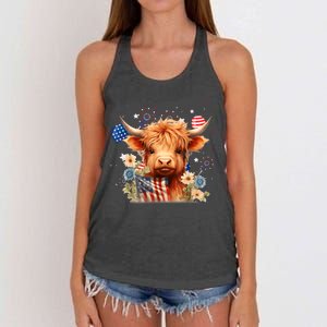 Cute Animal Coquette Highland Cow 4th Of July Patriotic Us Flag Gift Women's Knotted Racerback Tank