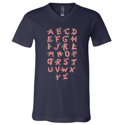 Christmas Alphabet Candy Cane Xmas Holiday Teacher V-Neck T-Shirt