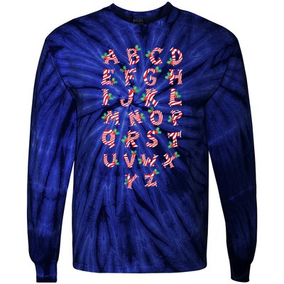 Christmas Alphabet Candy Cane Xmas Holiday Teacher Tie-Dye Long Sleeve Shirt