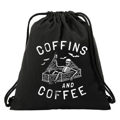 Coffins And Coffee Funny Skeleton Drawstring Bag