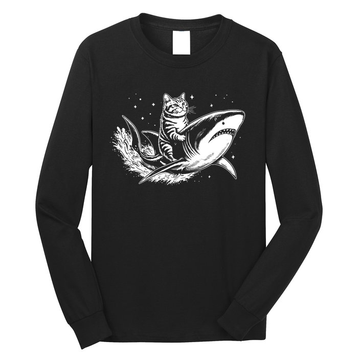 Cute Anime Cat Riding Shark Lover Kawaii Kitten Lover Long Sleeve Shirt