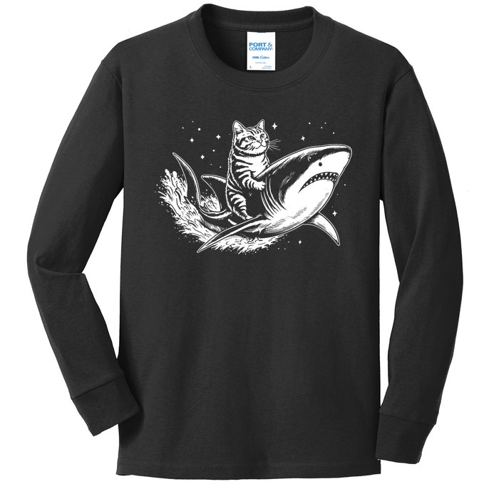 Cute Anime Cat Riding Shark Lover Kawaii Kitten Lover Kids Long Sleeve Shirt