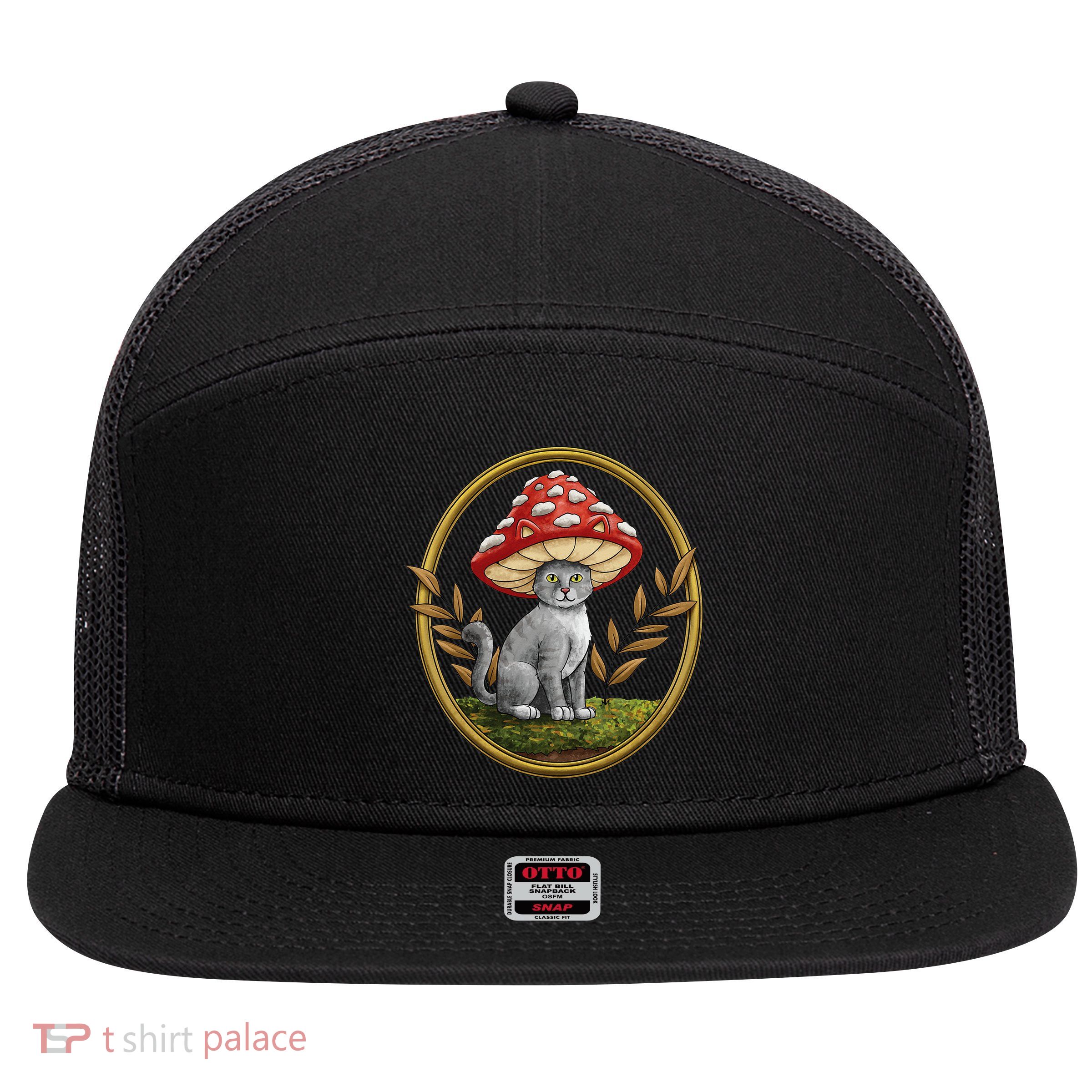 Cottagecore Aesthetic Cat with Mushroom Hat 7 Panel Mesh Trucker Snapback Hat