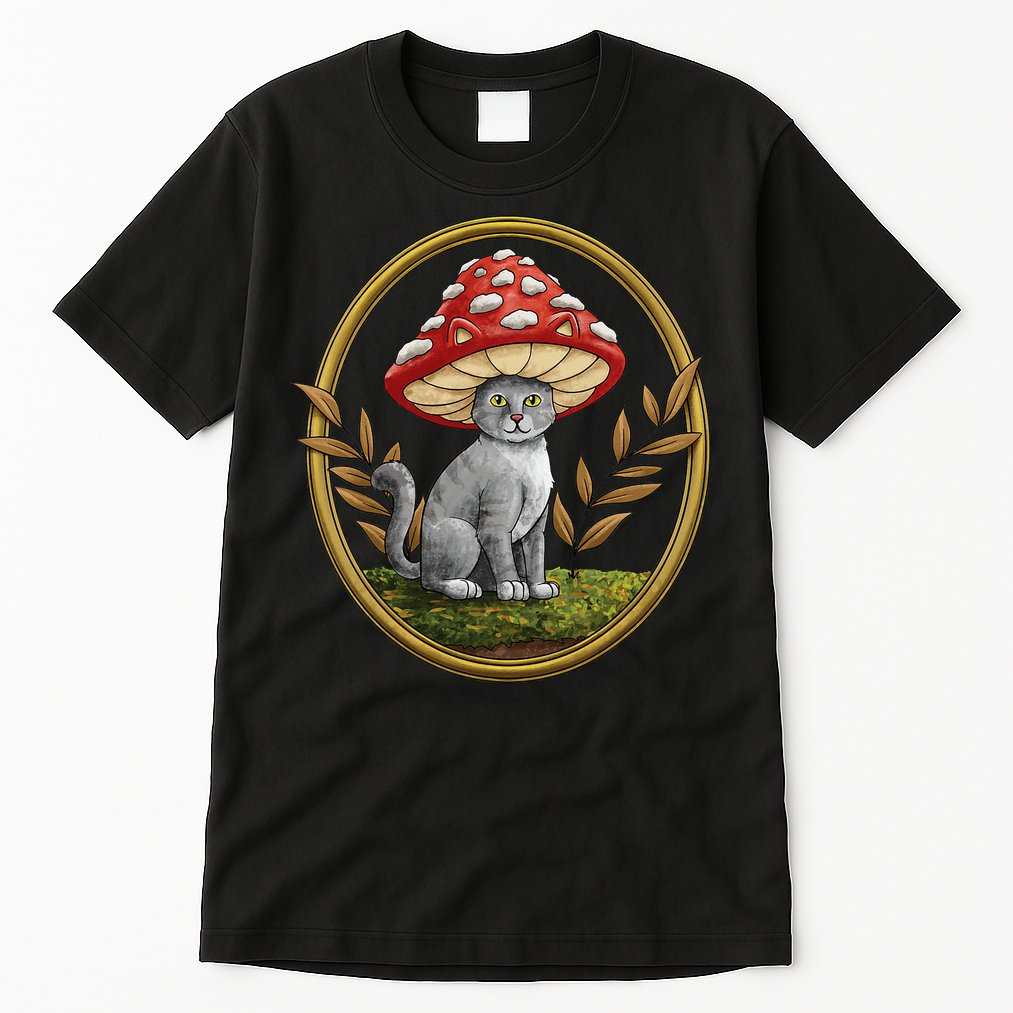 Cottagecore Aesthetic Cat with Mushroom Hat Tall T-Shirt
