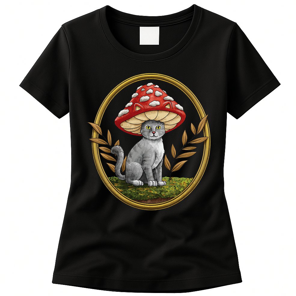 Cottagecore Aesthetic Cat with Mushroom Hat Womens T-Shirt