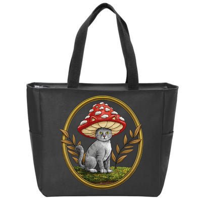 Cottagecore Aesthetic Cat with Mushroom Hat Zip Tote Bag