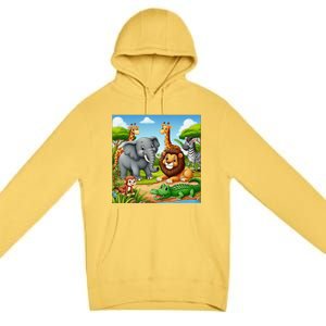 Cute Animals Cartoon Jungle Theme Cool Funny Animal Art Premium Pullover Hoodie