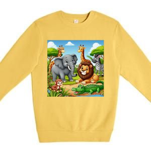 Cute Animals Cartoon Jungle Theme Cool Funny Animal Art Premium Crewneck Sweatshirt