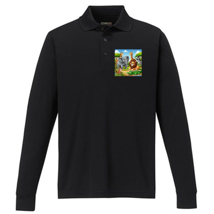 Cute Animals Cartoon Jungle Theme Cool Funny Animal Art Performance Long Sleeve Polo