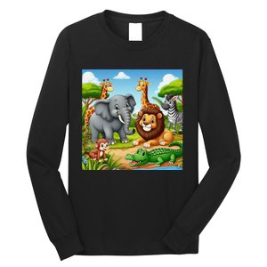 Cute Animals Cartoon Jungle Theme Cool Funny Animal Art Long Sleeve Shirt