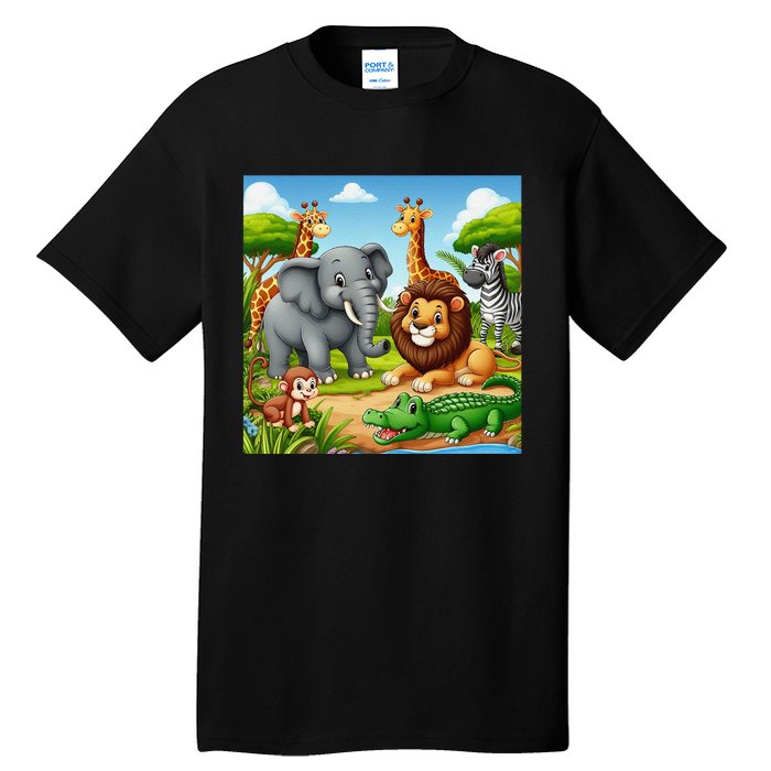 Cute Animals Cartoon Jungle Theme Cool Funny Animal Art Tall T-Shirt