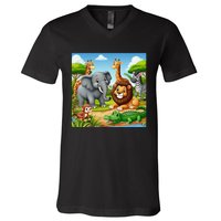 Cute Animals Cartoon Jungle Theme Cool Funny Animal Art V-Neck T-Shirt