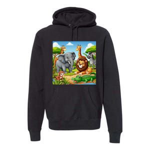 Cute Animals Cartoon Jungle Theme Cool Funny Animal Art Premium Hoodie