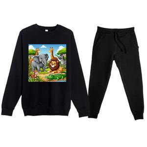 Cute Animals Cartoon Jungle Theme Cool Funny Animal Art Premium Crewneck Sweatsuit Set