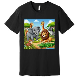 Cute Animals Cartoon Jungle Theme Cool Funny Animal Art Premium T-Shirt