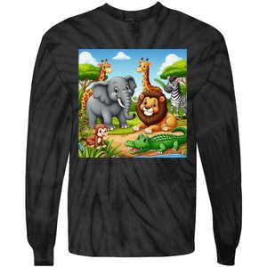 Cute Animals Cartoon Jungle Theme Cool Funny Animal Art Tie-Dye Long Sleeve Shirt