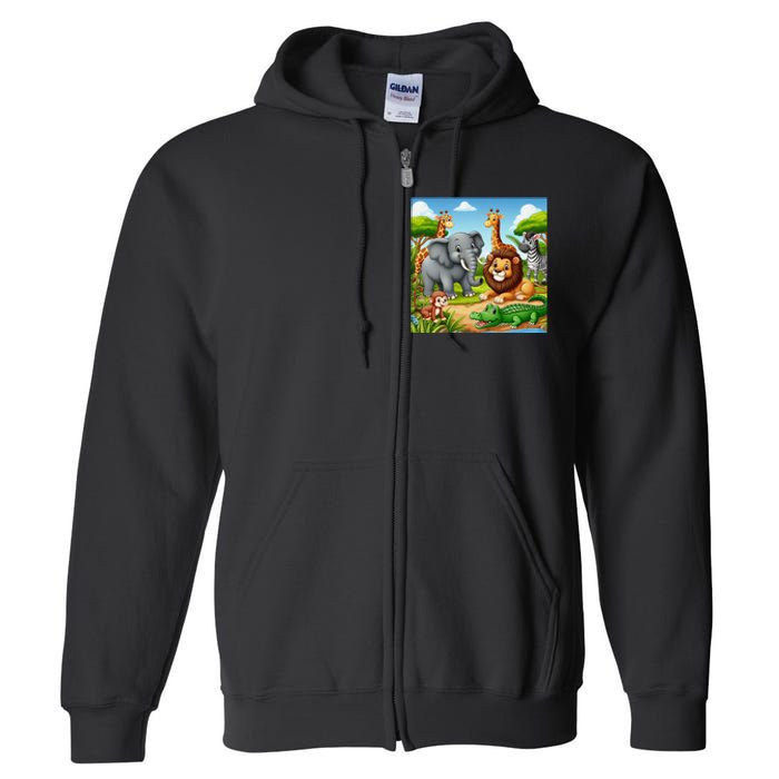 Cute Animals Cartoon Jungle Theme Cool Funny Animal Art Full Zip Hoodie