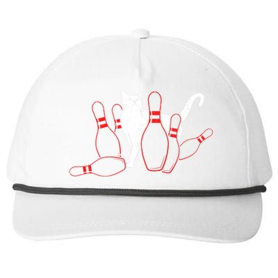 Cute Alley Cat Knocking Bowler Tipping Bowling Pin Kitty Snapback Five-Panel Rope Hat