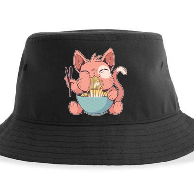 Cute Anime Cat Eating Ramen Japanese Kawaii Style Sustainable Bucket Hat