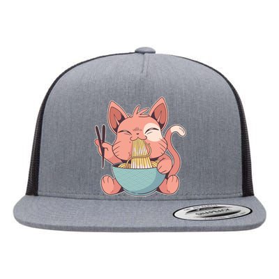 Cute Anime Cat Eating Ramen Japanese Kawaii Style Flat Bill Trucker Hat