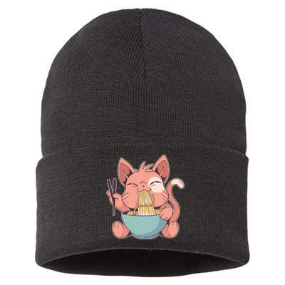 Cute Anime Cat Eating Ramen Japanese Kawaii Style Sustainable Knit Beanie