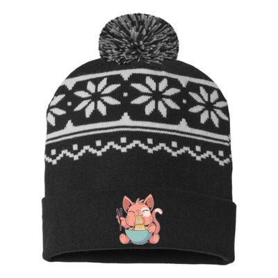 Cute Anime Cat Eating Ramen Japanese Kawaii Style USA-Made Snowflake Beanie