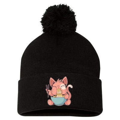 Cute Anime Cat Eating Ramen Japanese Kawaii Style Pom Pom 12in Knit Beanie