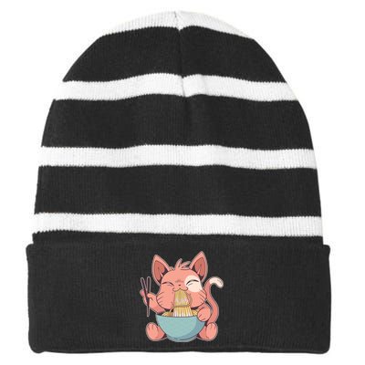 Cute Anime Cat Eating Ramen Japanese Kawaii Style Striped Beanie with Solid Band